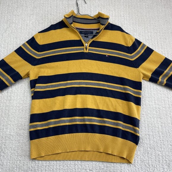 TOMMY HILFIGER Mens Patterned Jumper Yellow Striped 1/4 Zip Tight Knit M. Read - Picture 8 of 12